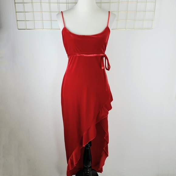 Frederick's of Hollywood 90s Vintage Velvet Asymmetric Made in USA Ruffle Dress - Picture 1 of 11